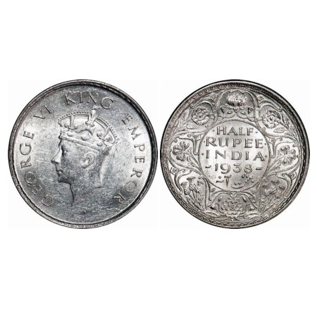George VI, Silver, Half Rupee, 1938, Bombay Mint, A/I, Dot, Head Type I, Milled edge. F. P
