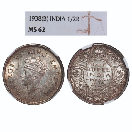 George VI, Silver, Half Rupee, 1938, Bombay Mint, A/I, Head Type I, Dot, Milled edge. F. P