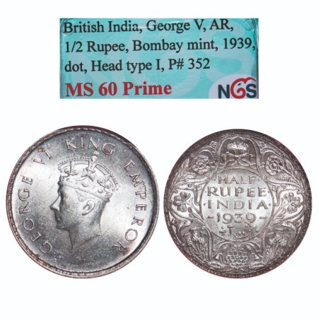 George VI, Silver, Half Rupee, 1939, Bombay Mint, A/I, Head Type I, Dot, Milled edge. F. P