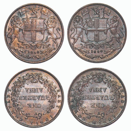 Victoria Queen, Copper, Quarter Anna, (2 coins), 1858, J. Watt & Co., Birmingham Mint, Sin
