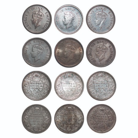 George VI, Mix-Metal, Half Rupee, (lot of 6 coins), 1) 1939, Bombay Mint, A/I, Head Type I