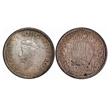 George VI, Silver, Half Rupee, 1939, Calcutta Mint, A/I, Head Type I, No dot, Milled edge,