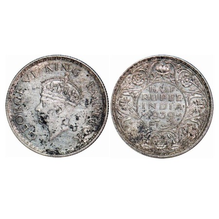 George VI, Silver, Half Rupee, 1939, Calcutta Mint, A(a)/I, Head Type II, No dot, Milled e