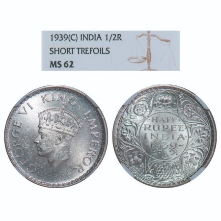 George VI, Silver, Half Rupee, 1939, Calcutta Mint, A(a)/I, No dot, Milled edge, Head Type