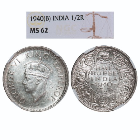 George VI, Half Silver, Half Rupee, 1940, Bombay Mint, A(a)/I, Dot, Milled edge, Head Type