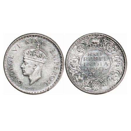 George VI, Half Silver, Half Rupee, 1940, Calcutta Mint, A(a)/I, No dot, Head Type II, Mil