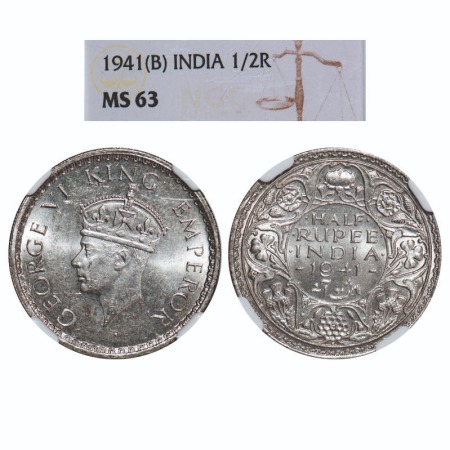 George VI, Half Silver, Half Rupee, 1941, Bombay Mint, A(a)/I(i), Dot, Security edge, Head