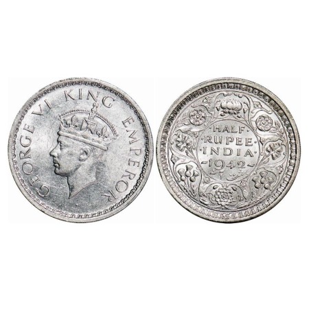 George VI, Half Silver, Half Rupee, 1942, MULE, Bombay Mint, A(a)/II, Dot, Head Type II, S