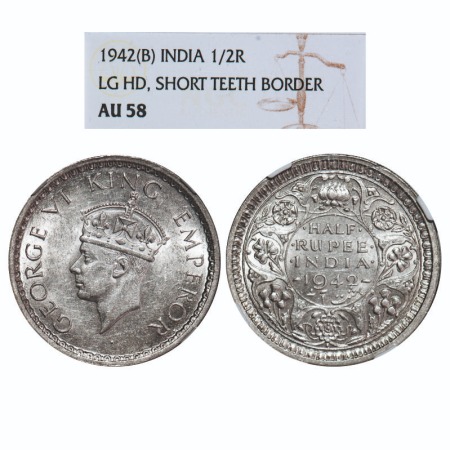 George VI, Half Silver, Half Rupee, 1942, MULE, Bombay Mint, A(a)/II, Dot, Head Type II, S