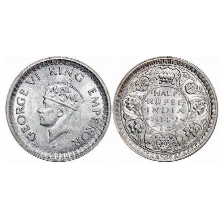 George VI, Half Silver, Half Rupee, 1942, Bombay Mint, B/II, Dot, Head Type II, Security e