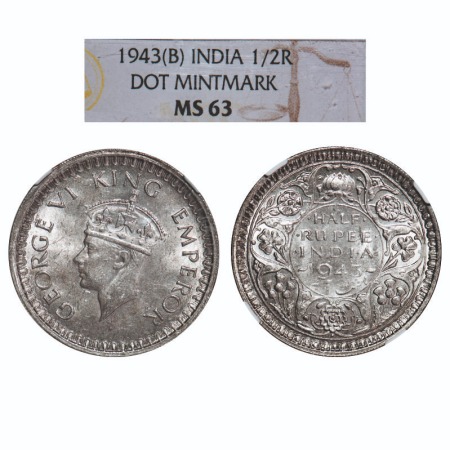 George VI, Half Silver, Half Rupee, 1943, Bombay Mint, B/II, Dot, Security edge, Head Type