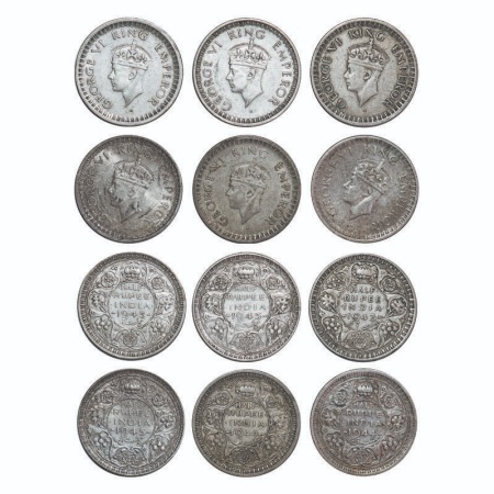George VI, Half Silver, Half Rupee, (lot of 6 coins), 1) 1943, Bombay Mint, B/II, Dot, Hea