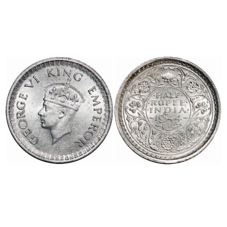 George VI, Half Silver, Half Rupee, 1944, Bombay Mint, B/III, Diamond, Head Type II, Secur