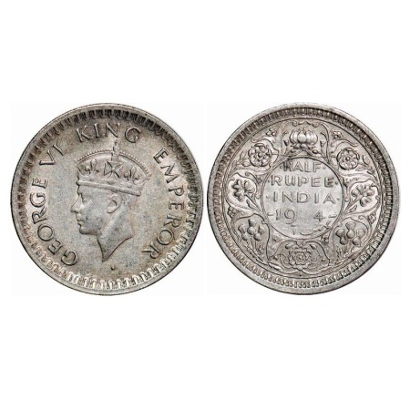 George VI, Half Silver, Half Rupee, 1944, Bombay Mint, B/II, Head Type II, Dot, Security e