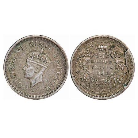 George VI, Half Silver, Half Rupee, 1944, Lahore Mint, B/II, Head Type II, 'L' raised, Sec