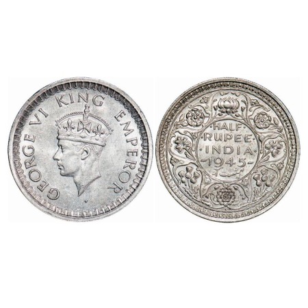 George VI, Half Silver, Half Rupee, 1945, Bombay Mint, B/II, Dot, Head Type II, Security e