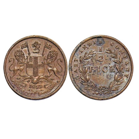 Victoria Queen, Copper, 1/2 Pice, 1853, Calcutta Mint, B/I. F. Prid 159. GK 235. Almost Un