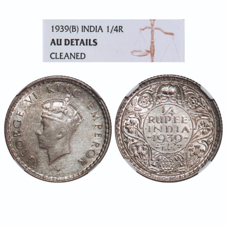 George VI, Silver, 1/4 Rupee, 1939, Bombay Mint, Head Type I, Rev I, No dot, Milled edge, 
