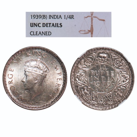 George VI, Silver, 1/4 Rupee, 1939, Bombay Mint, Head Type I, Rev I, No dot, Milled edge, 