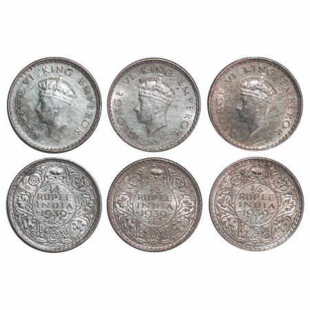 George VI, Silver, 1/4 Rupee, (3 coins), 1939, Bombay Mint, Head Type I, Rev I, Dot, Mille