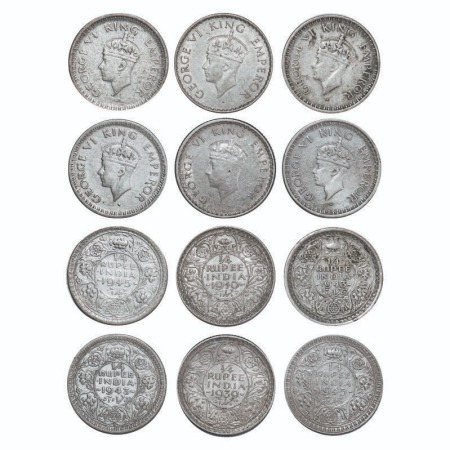 George VI, Mix-Metal, 1/4 Rupee, (lot of 6 coins), 1) 1939, calcutta Mint, head Type Ia, R