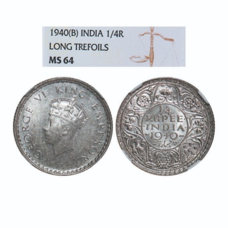 George VI, Half Silver, 1/4 Rupee, 1940, Bombay Mint, Head Type I, Rev I, Dot, Milled edge