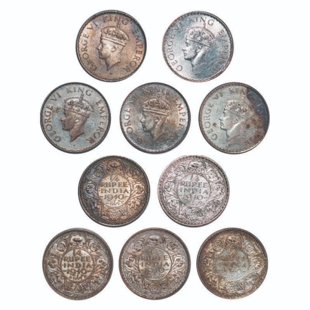 George VI, Half Silver, 1/4 Rupee, (lot of 5 coins), 1940, Bombay Mint, Head Type II, Rev 