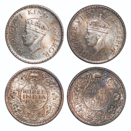 George VI, Half Silver, 1/4 Rupee, (2 coins), 1940, Calcutta Mint, Head Type II, Rev I, No