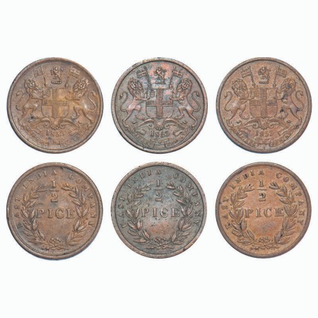 Victoria Queen, Copper, 1/2 Pice, (3 coins), 1853, Calcutta Mint, B/I, Elongated beads abo