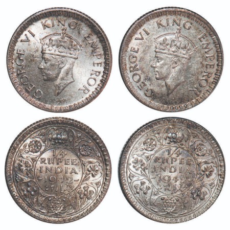 George VI, Half Silver, 1/4 Rupee, 1942, (2 coins), Calcutta Mint, Head Tyoe II, Rev II, N