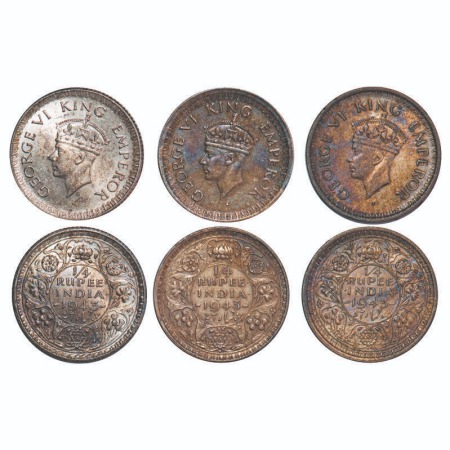 George VI, Half Silver, 1/4 Rupee, 1943, (3 coins), 1) Calcutta Mint, Head Type II, Rev II