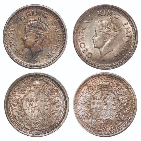 George VI, Half Silver, 1/4 Rupee, (2 coins), 1944, Bombay Mint, 1) Head Type II, Rev III,