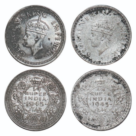 George VI, Half Silver, 1/4 Rupee, (2 coins), 1945, Bombay Mint, Head Type II, Rev II, Dot