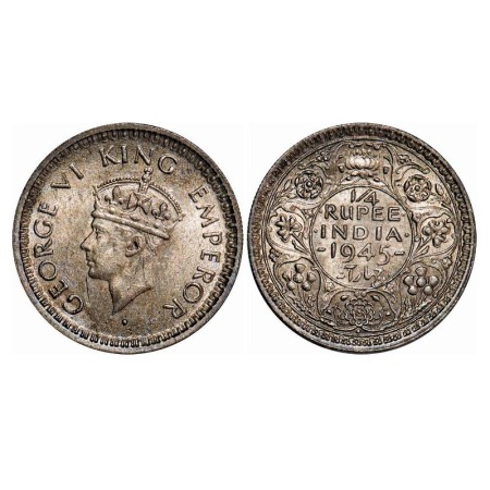 George VI, Half Silver, 1/4 Rupee, 1945, Bombay Mint, Head Type II, Rev II, Dot, Security 