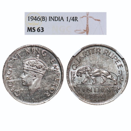 George VI, Nickle, 1/4 Rupee, 1946, Bombay Mint, Head Type II, Rev VI, Diamond, Milled edg