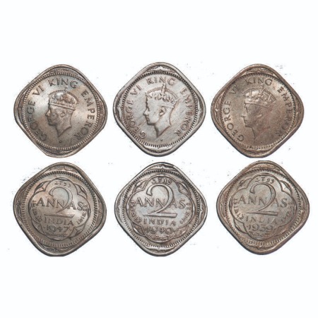 George VI, Copper-Nickel, 2 Annas, (3 coins), Bombay Mint, 1) 1939, Head Type I, Dots by y