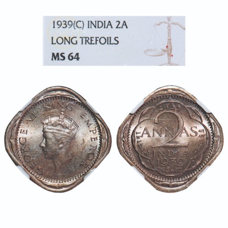 George VI, Copper-Nickel, 2 Annas, 1939, Calcutta Mint, Head Type I, No dots by year. F. P