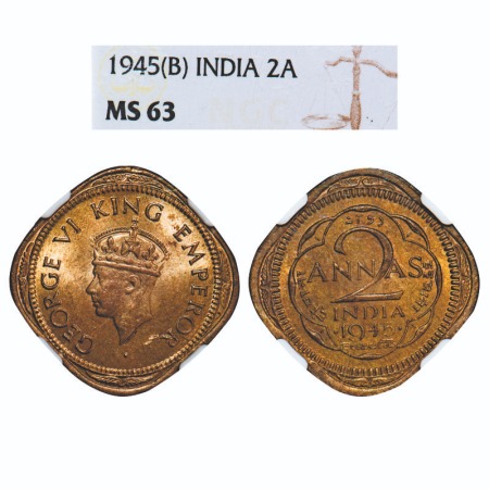 George VI, Nickel-Brass, 2 Annas, 1945, Bombay Mint, Head Type II, Dots by year, Tip of cr