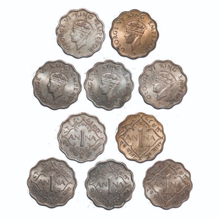 George VI, Mix-Metal, 1 Anna, (lot of 5 coins), 1) 1941, Calcutta Mint, Head Type II, No d
