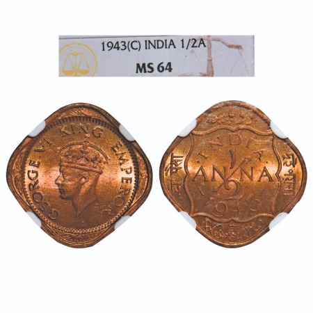 George VI, Brass-Nickel, 1/2 Anna, 1943, Calcutta Mint, Dots by India, Dashes by year. F. 