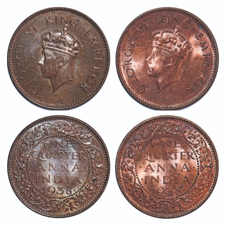 George VI, Bronze, Quarter Anna, (2 coins), 1938, 1) Bombay Mint, Head Type I, Dot, Dots b