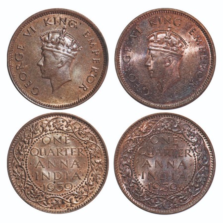 George VI, Bronze, Quarter Anna, (2 coins), 1939, 1) Bombay Mint, Head Type I, Dot, 2) Cal
