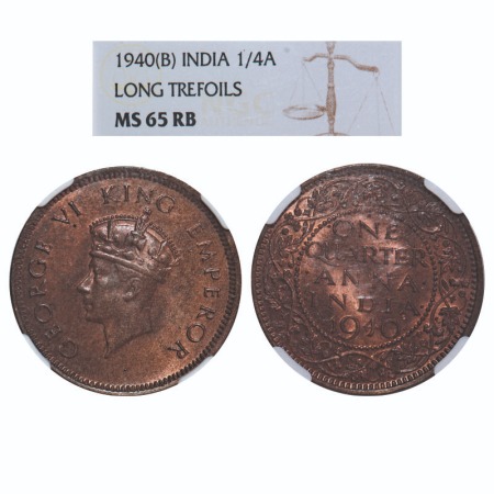 George VI, Bronze, Quarter Anna, 1940, Bombay Mint, Head Type I, dot. F. Prid 691. GK 1425