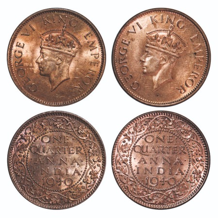 George VI, Bronze, Quarter Anna, (2 coins), 1940, 1) Bombay Mint, Head Type II, Dot, 2) Ca