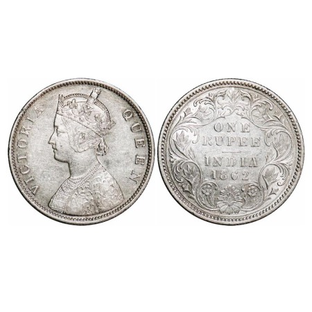 Victoria Queen, Silver, Rupee, 1862, Calcutta Mint, B/III/0/0, Embroidery in high relief. 