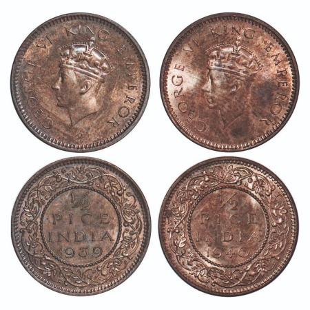 George VI, Bronze, 1/2 Pice, (2 coins), 1939, 1940, Calcutta Mint, Head Type I, No dot. F.