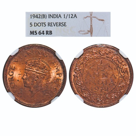 George VI, Bronze, 1/12 Anna, 1942, Bombay Mint, Head Type II, Dots by year. F. Prid 863. 