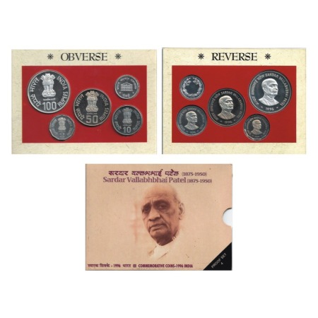 1996, Proof set of 4 coins, 100 Rupees, 50 Rupees, 10 Rupees and 2 Rupees & token, Sardar 