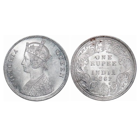 Victoria Queen, Silver, Rupee, 1862, Calcutta Mint, A/I/0/0, w/o initial 'J'. F. Prid 66. 