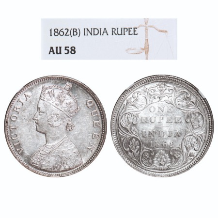 Victoria Queen, Silver, Rupee, 1862, Bombay Mint, B/II/2/0. F. Prid 71. GK 287. NGC Slabbe